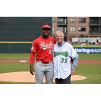 Peter Freund, CEO Of Diamond Baseball Holdings, throws out the ceremonial first pitch at Dayton Dragons-CincinnatiReds Game
